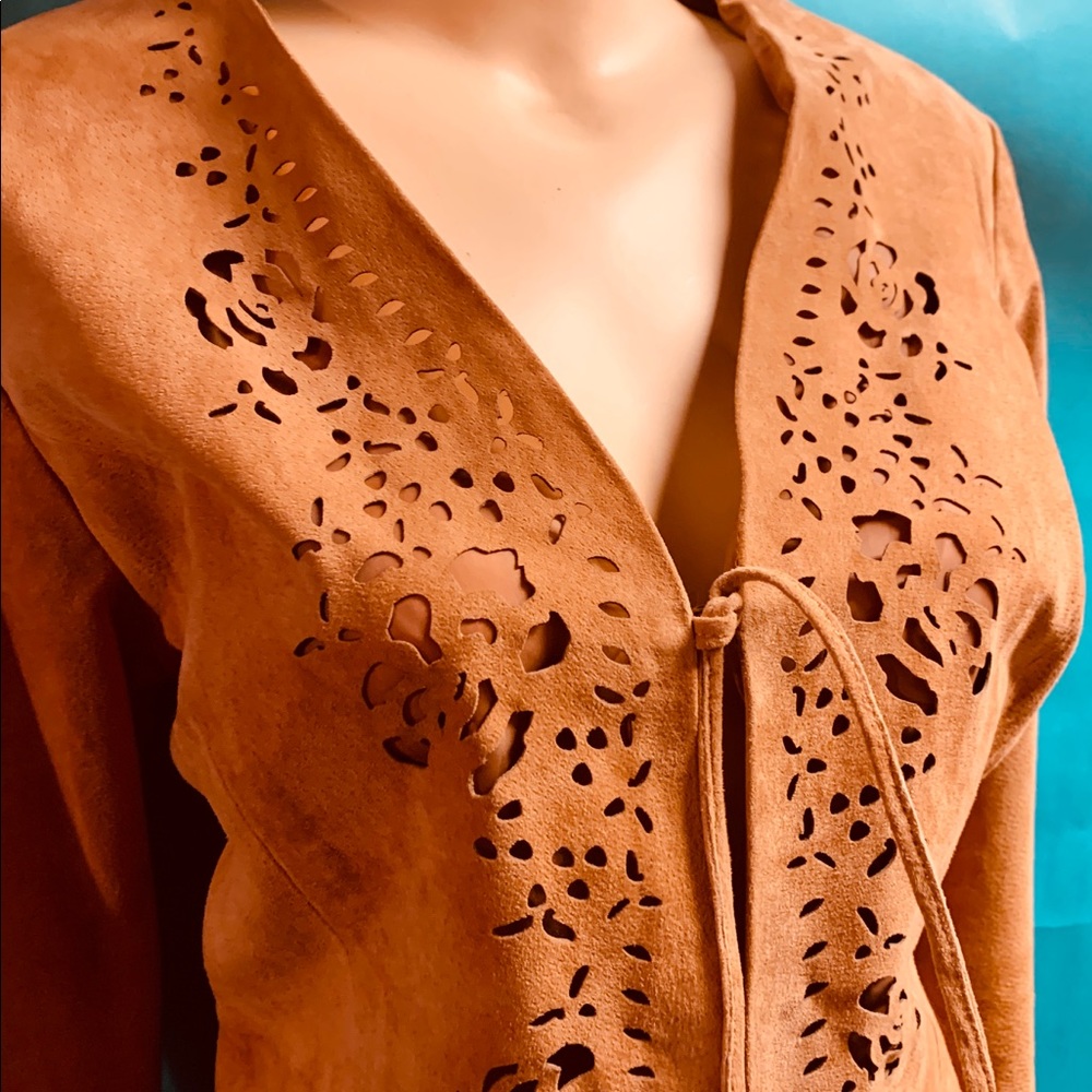 Camel Suede Jacket Blazer Laser Cut L Leather Boho